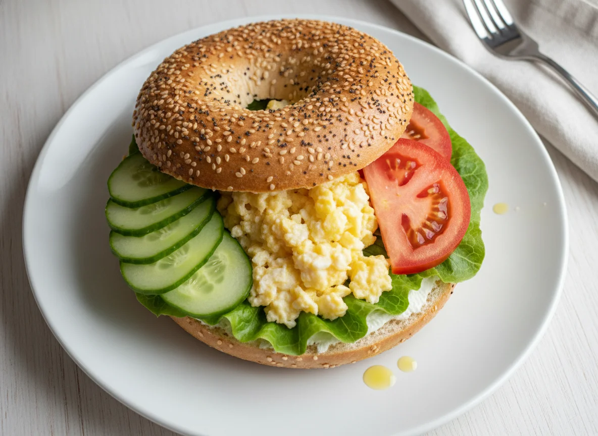 Bagel mit Rührei und Gurkenscheiben photo