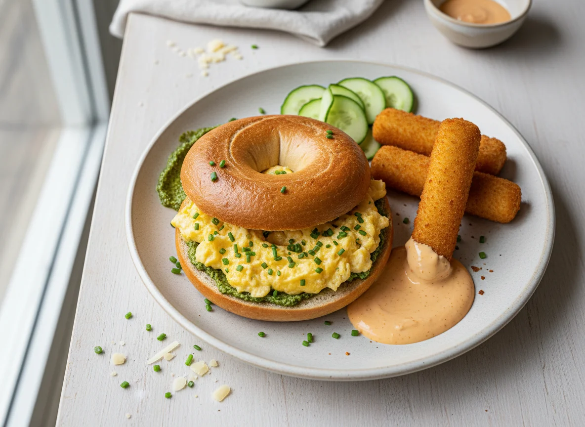 Bagel mit Rührei und Mozzarella-Sticks photo