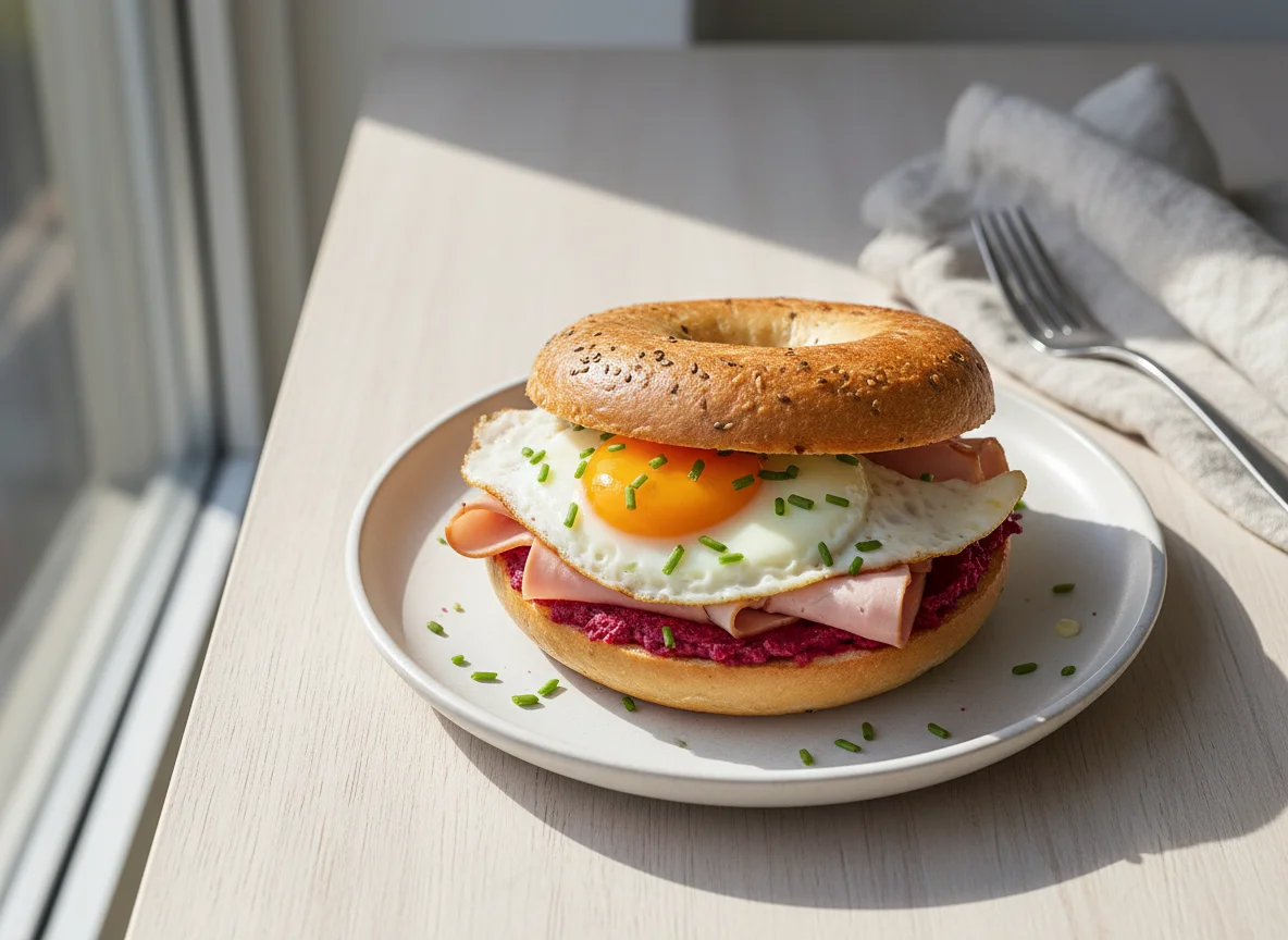 Bagel mit Spiegelei und Schinken photo