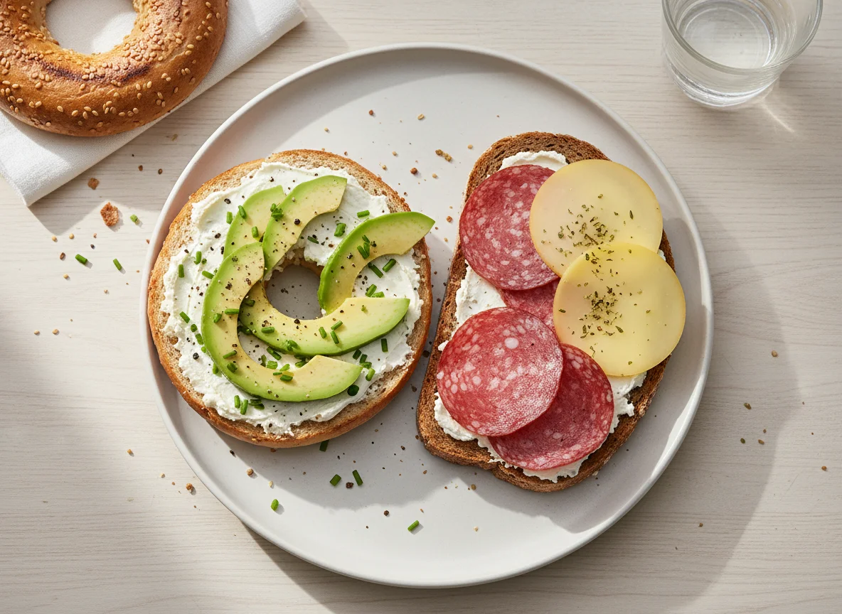 Bagel und Brot mit Frischkäse, Avocado und Salami photo