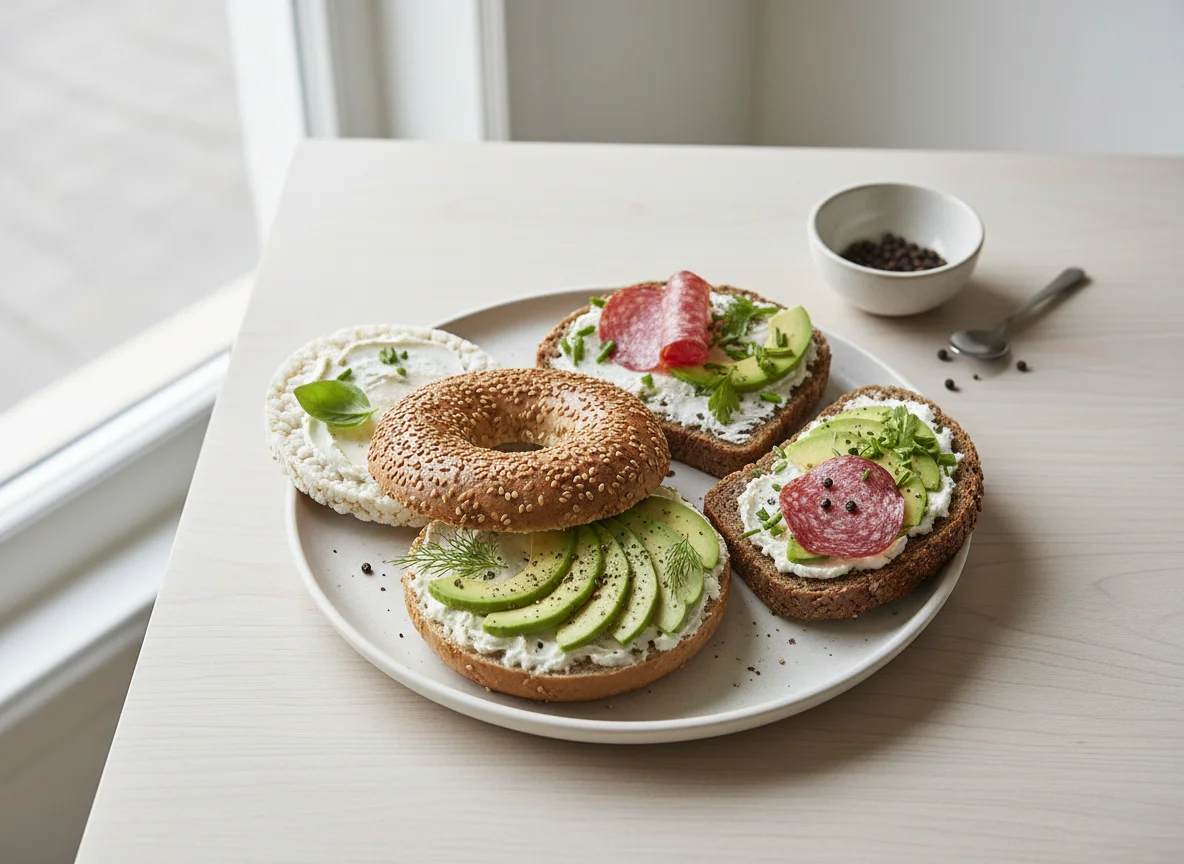 Bagel und Brot mit Frischkäse und Avocado photo