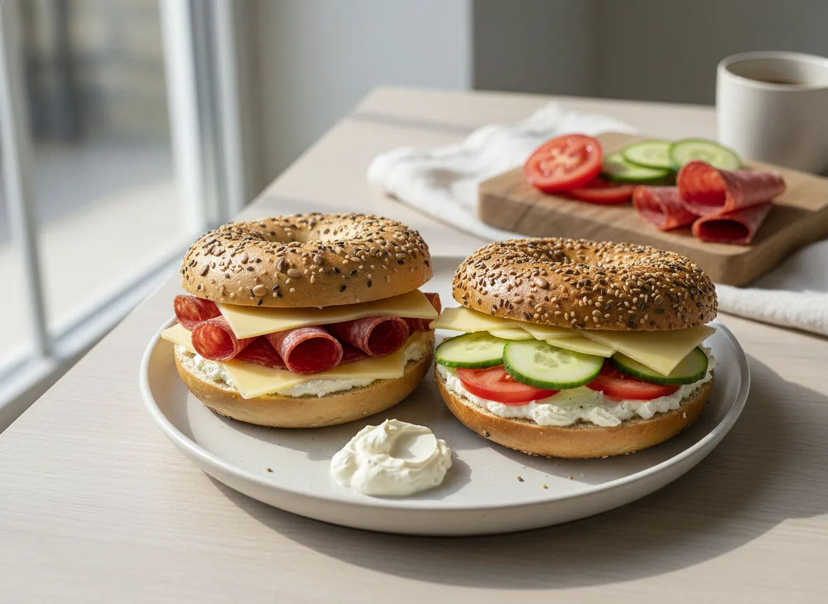 Bagel-Frühstück mit Salami, Käse und Gemüse photo