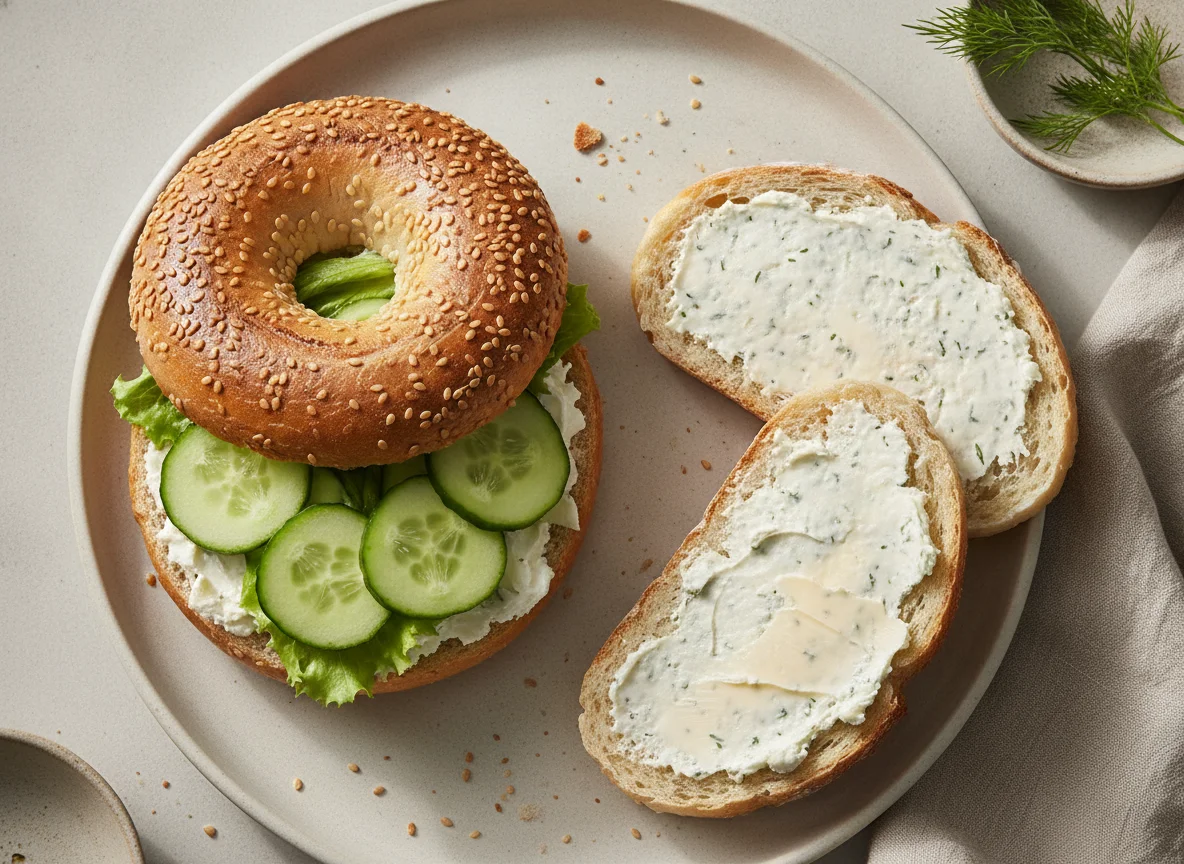 Bagel-Sandwich und Brot mit Aufstrich photo