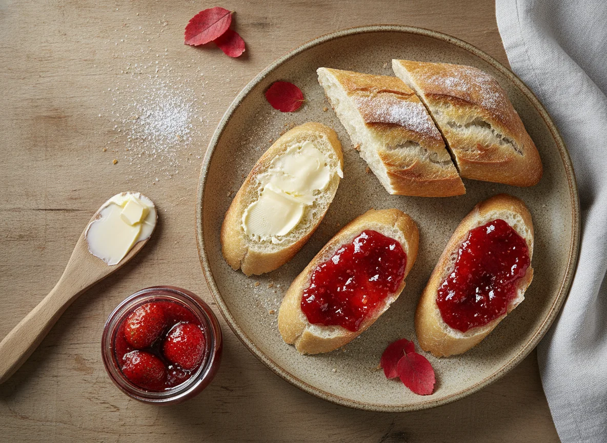 Baguette mit Butter und Erdbeermarmelade photo