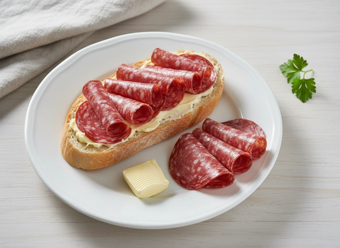 Baguette mit Butter und Salami photo