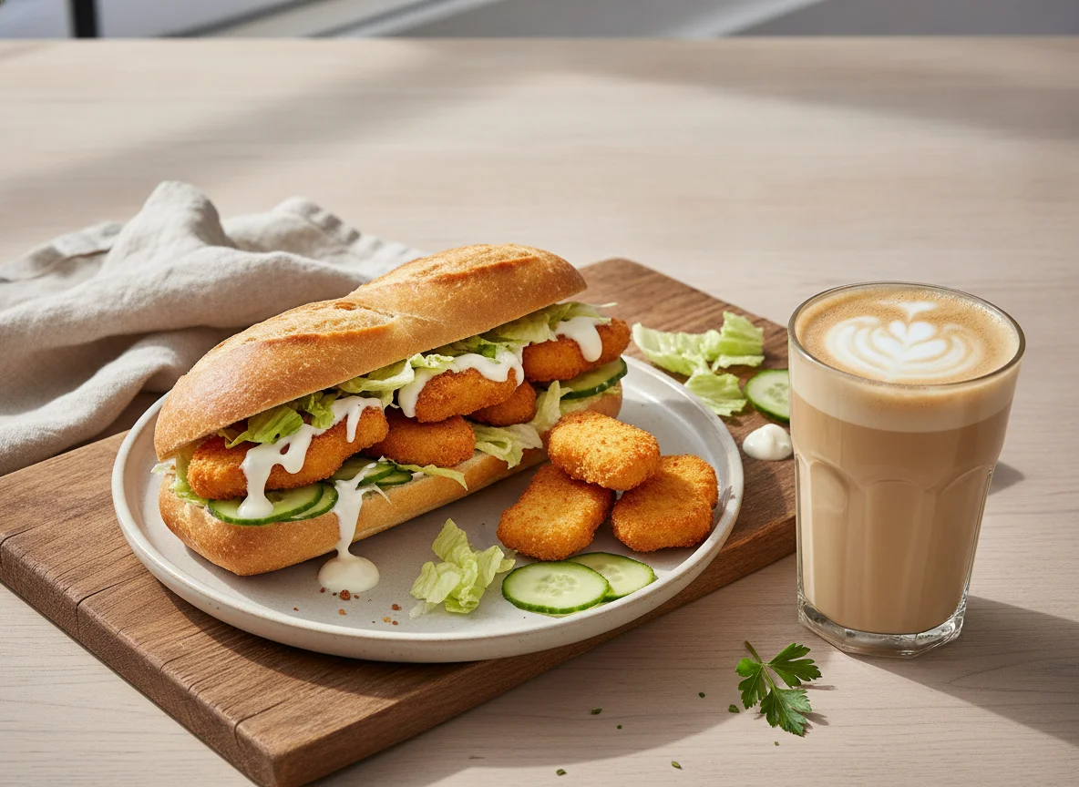 Baguette mit Chicken Nuggets und Milchkaffee photo