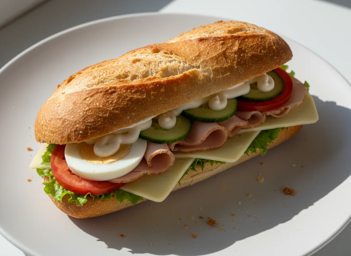 Baguette mit Ei, Käse und Wurst photo
