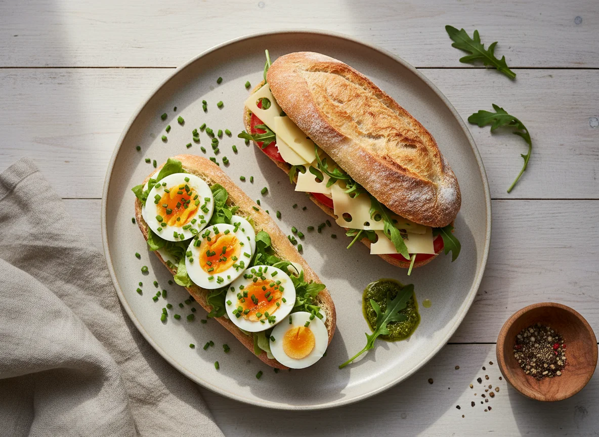 Baguette mit Ei und Schnittlauch, Baguette mit Käse, Tomate, Rucola und Pesto photo