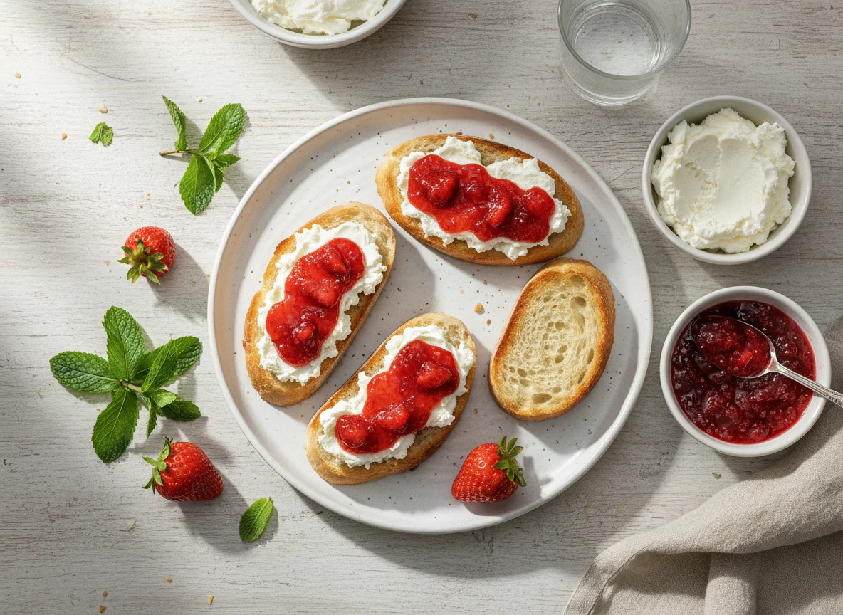 Baguette mit Frischkäse und Erdbeermarmelade photo