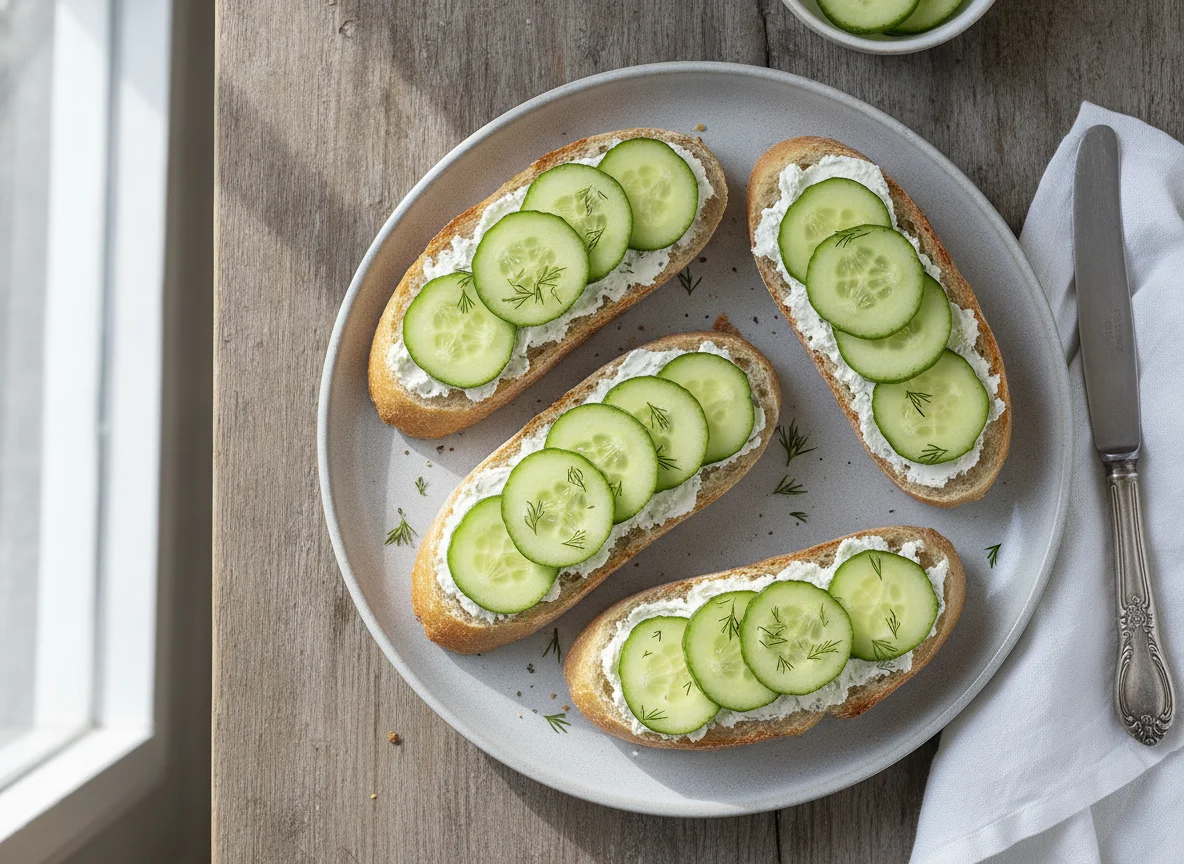 Baguette mit Frischkäse und Gurke photo
