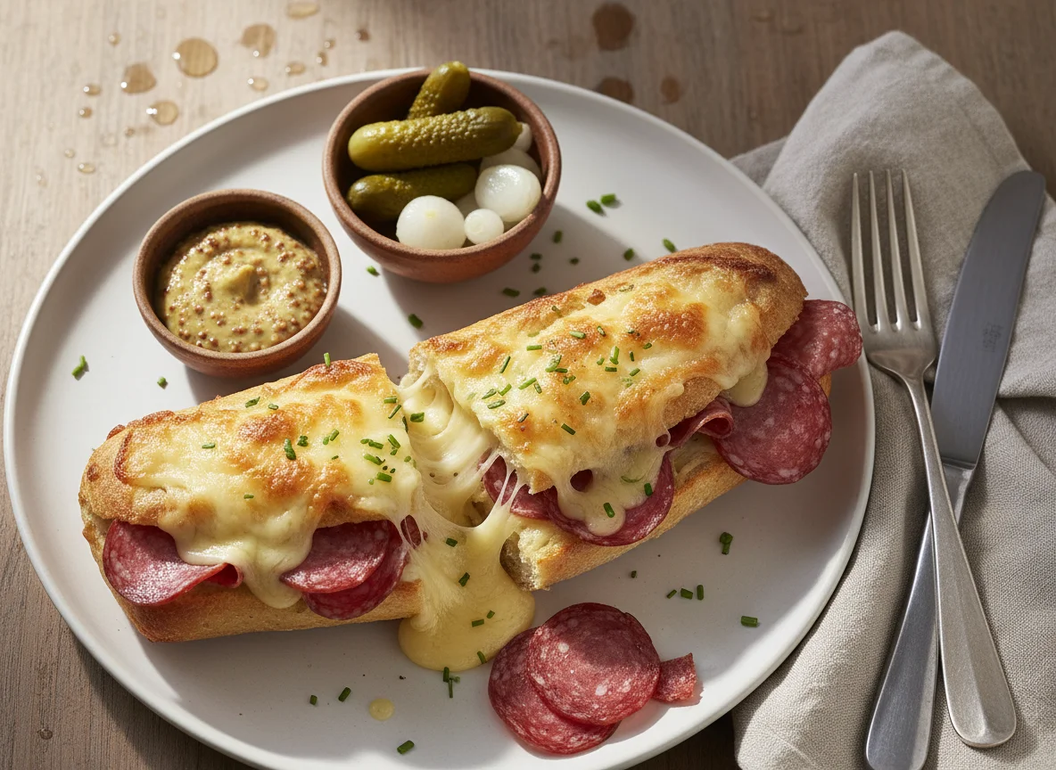 Baguette mit Käse und Salami photo