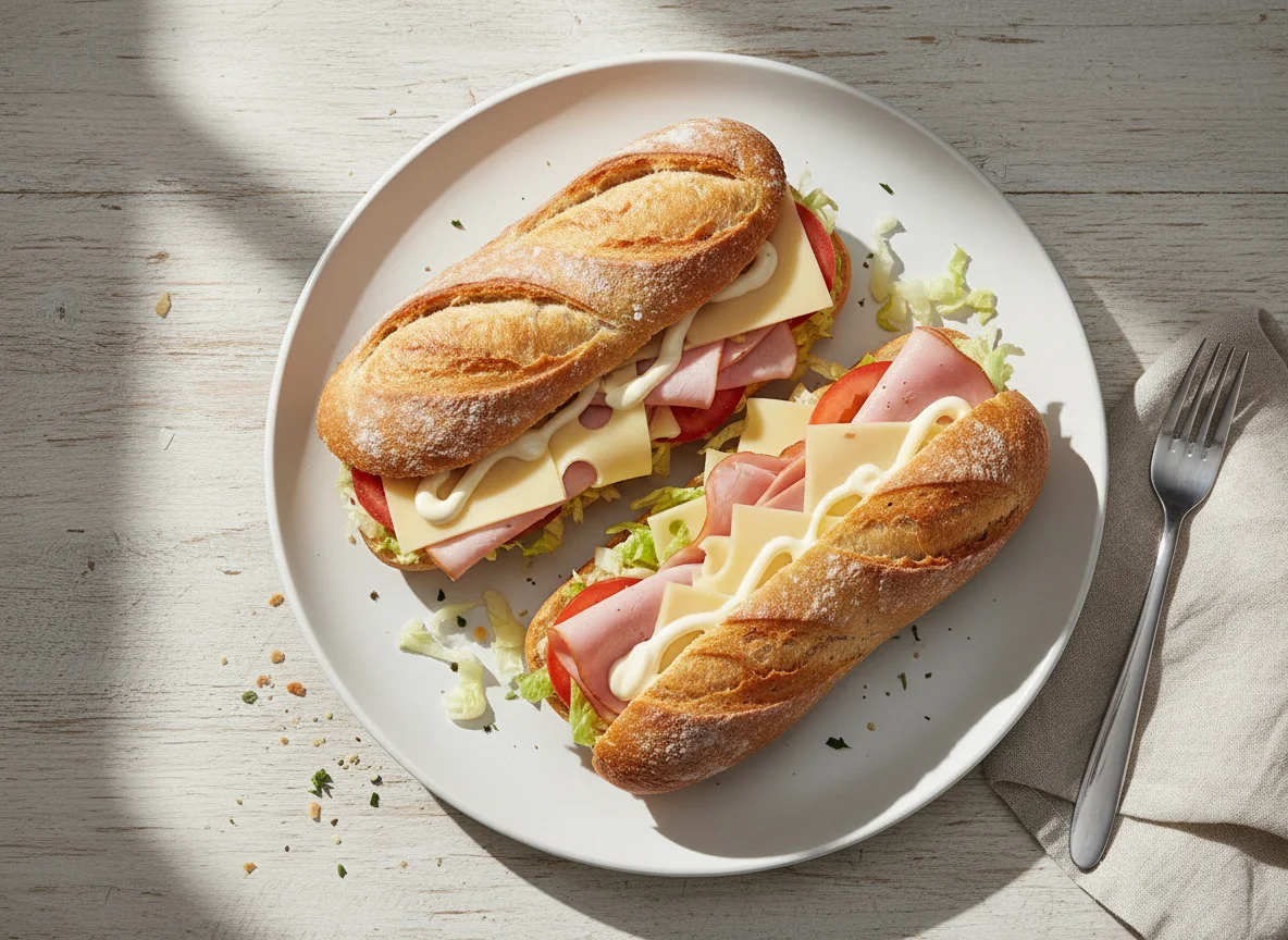 Baguette mit Käse und Schinken photo