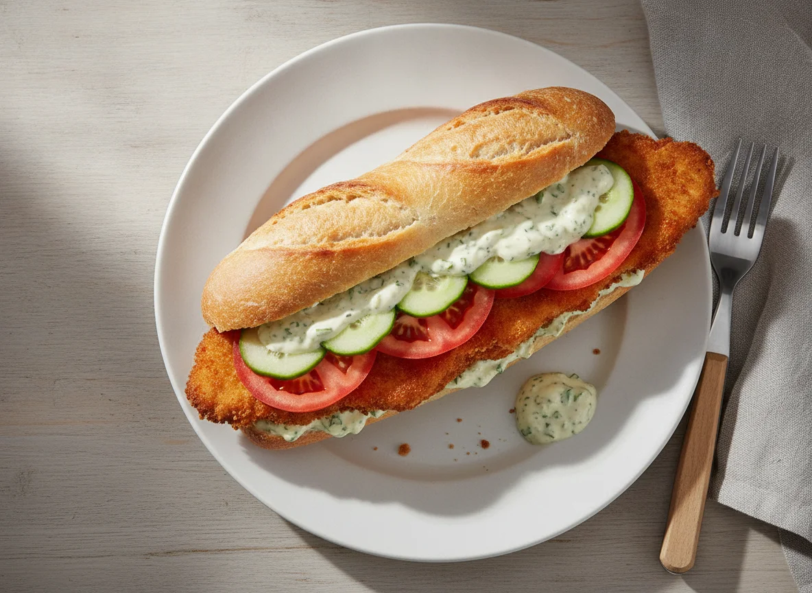 Baguette mit paniertem Hähnchen photo