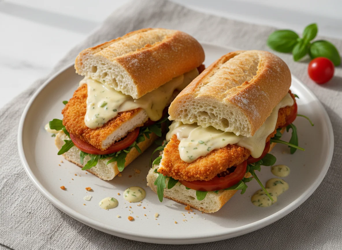 Baguette mit paniertem Hähnchen und Käse photo