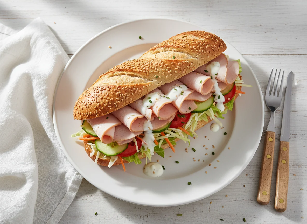 Baguette mit Putenbrust und Salat photo