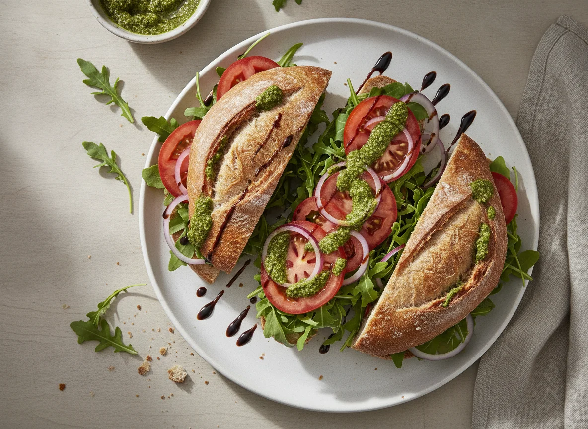 Baguette mit Rucola, Tomaten, Zwiebeln und Pesto photo