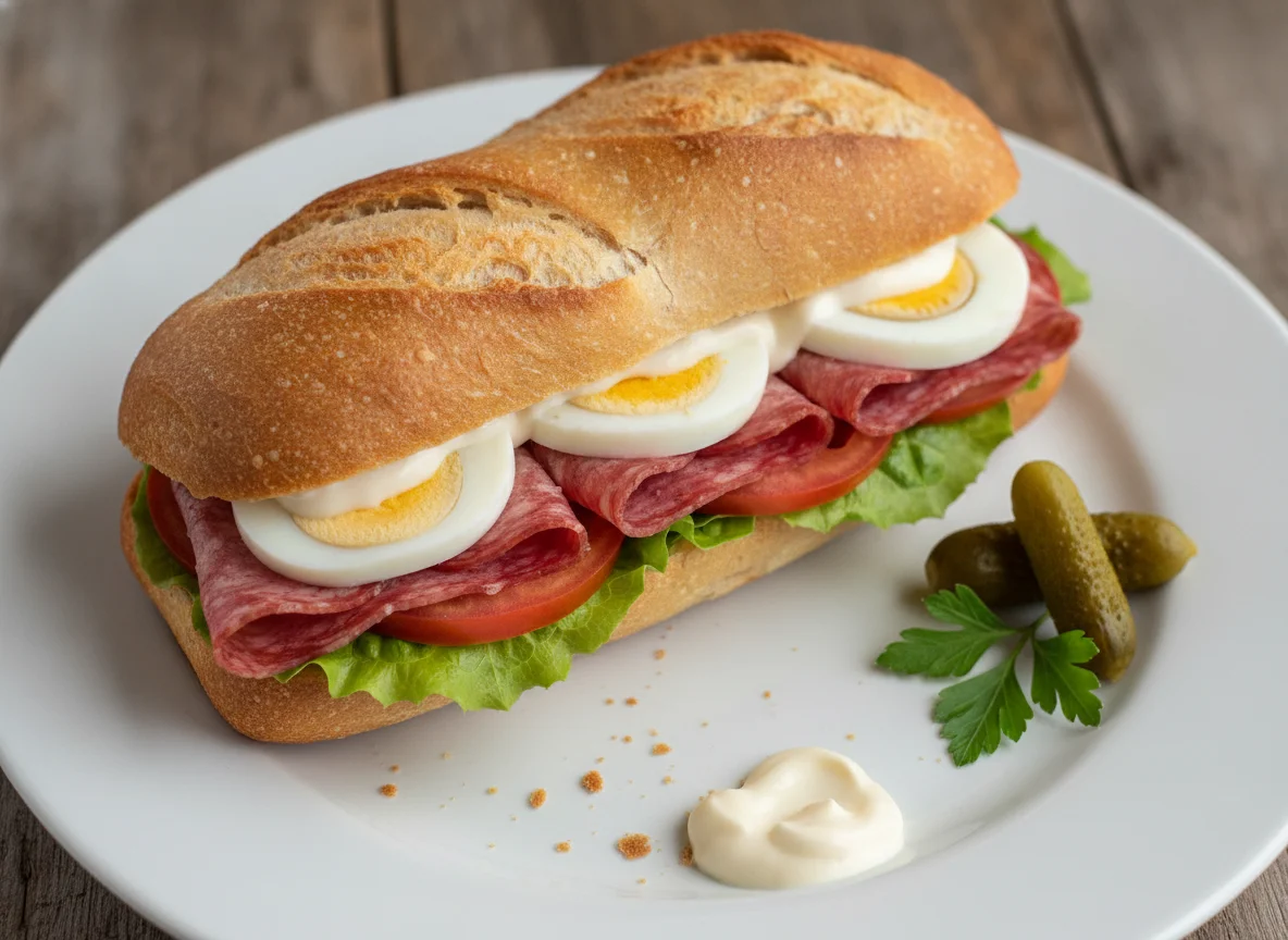 Baguette mit Salami und Ei photo