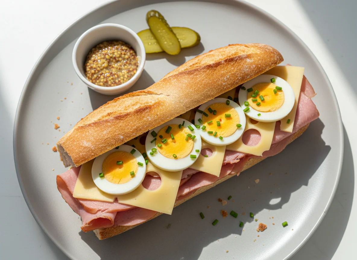 Baguette mit Schinken, Käse und Ei photo