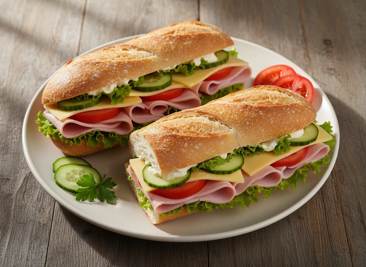Baguette mit Schinken und Gemüse photo
