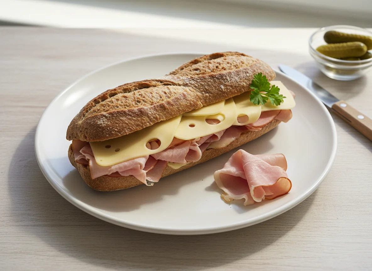 Baguette mit Schinken und Käse photo