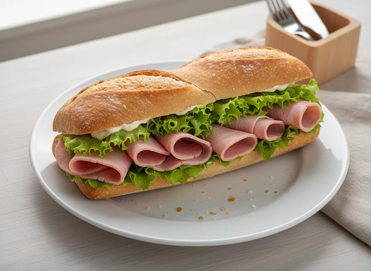 Baguette mit Schinken und Salat photo