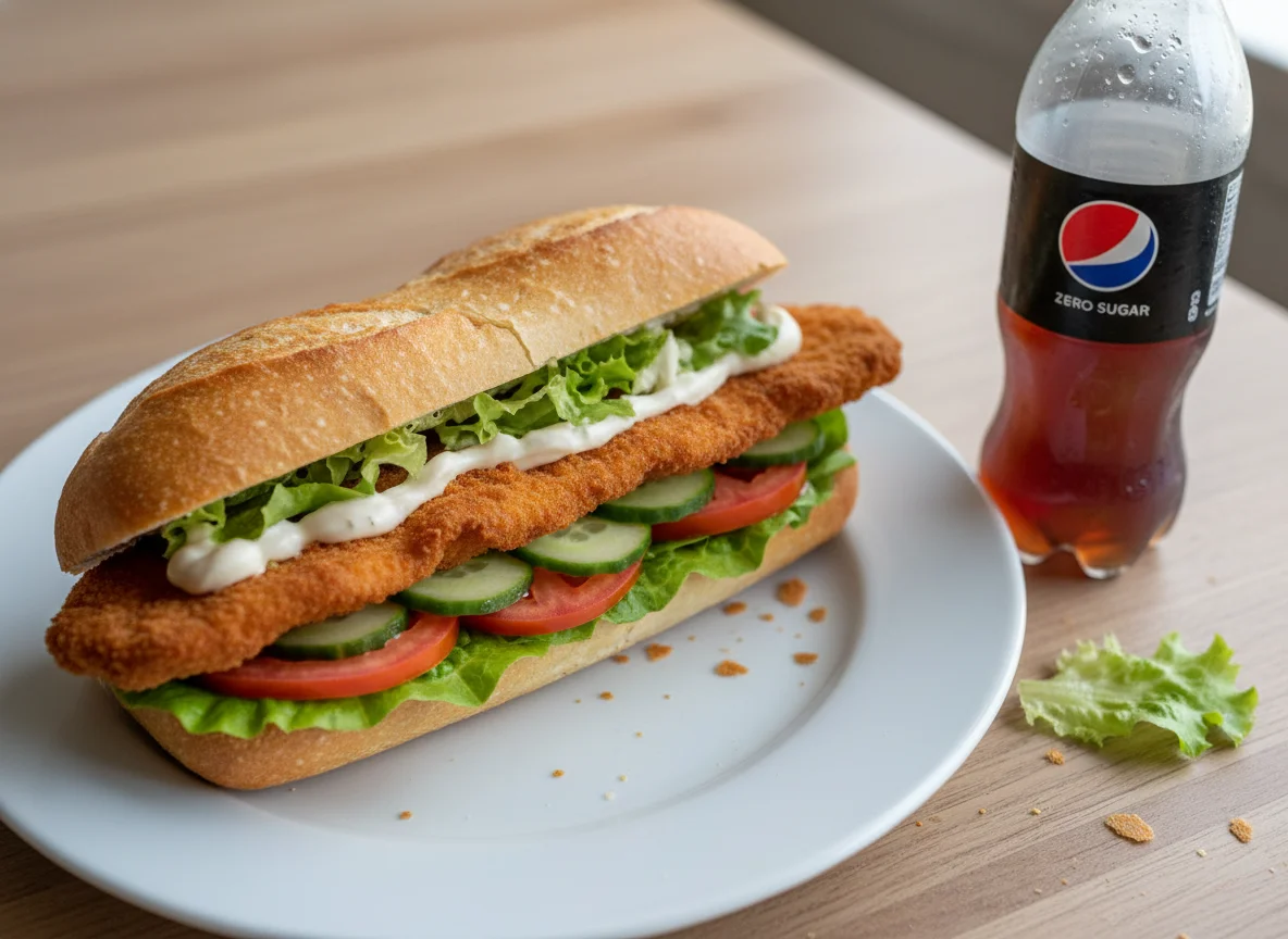 Baguette mit Schnitzel und Pepsi photo