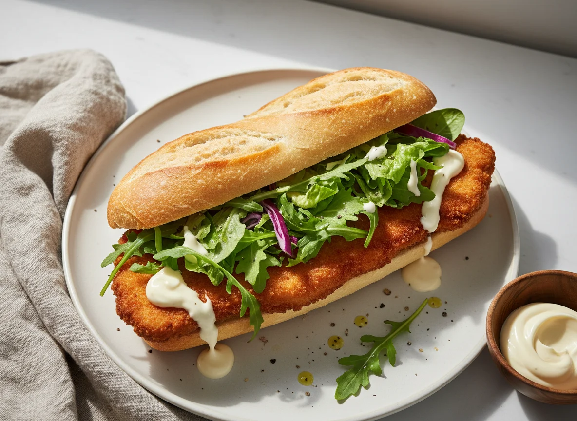 Baguette mit Schnitzel und Salat photo