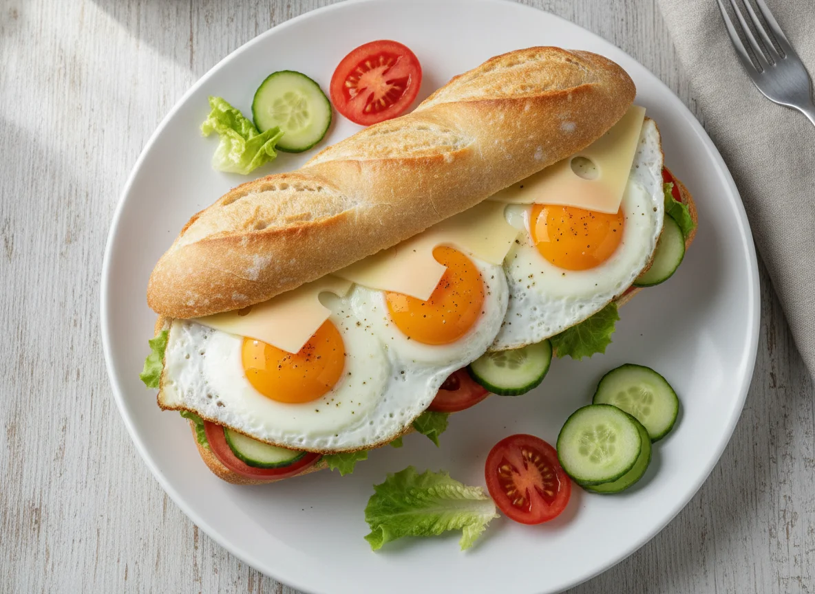 Baguette mit Spiegelei und Käse photo