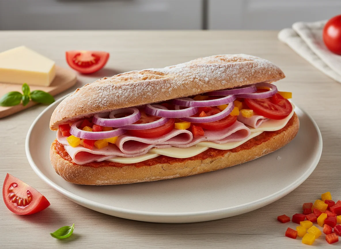 Baguettebrot mit Kochschinken und Paprika, tiefgefroren photo
