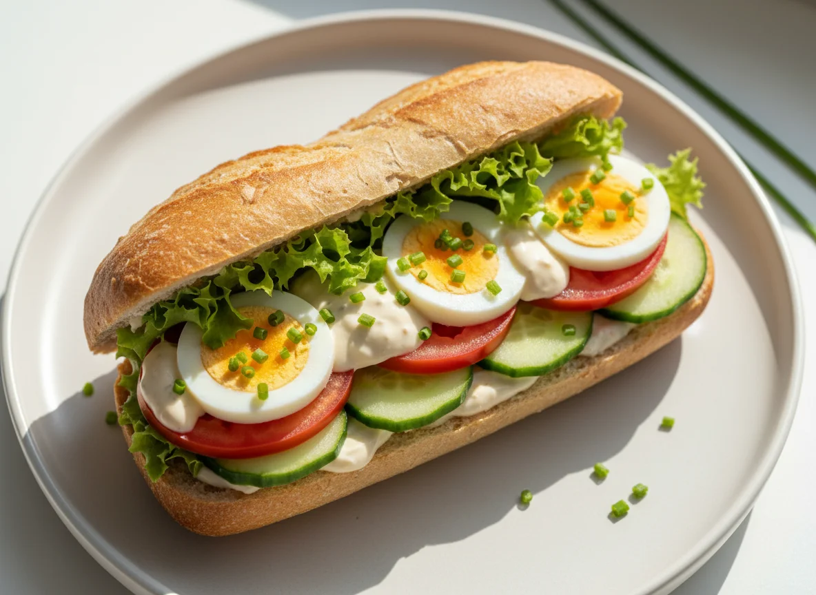 Baguettebrötchen mit Ei und Gemüse photo