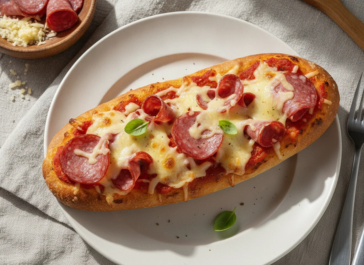 Baguette-Pizza mit Salami photo