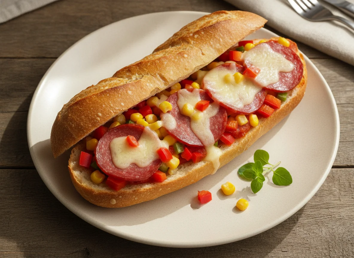 Baguette-Pizza mit Salami und Gemüse photo