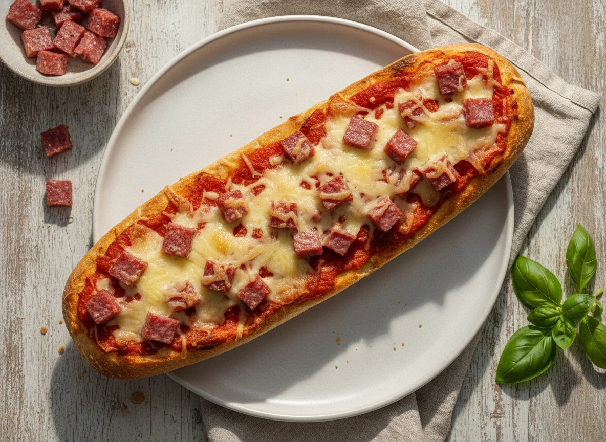 Baguette-Pizza mit Salami und Käse photo