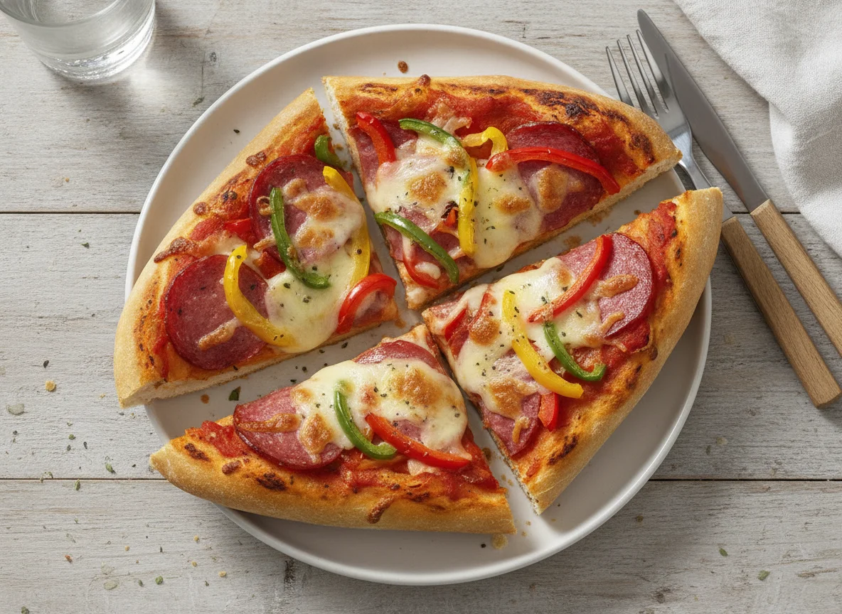 Baguette-Pizza mit Salami und Paprika photo