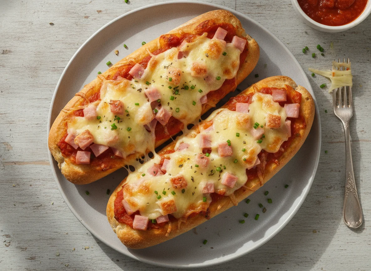 Baguette-Pizza mit Schinken und Käse photo