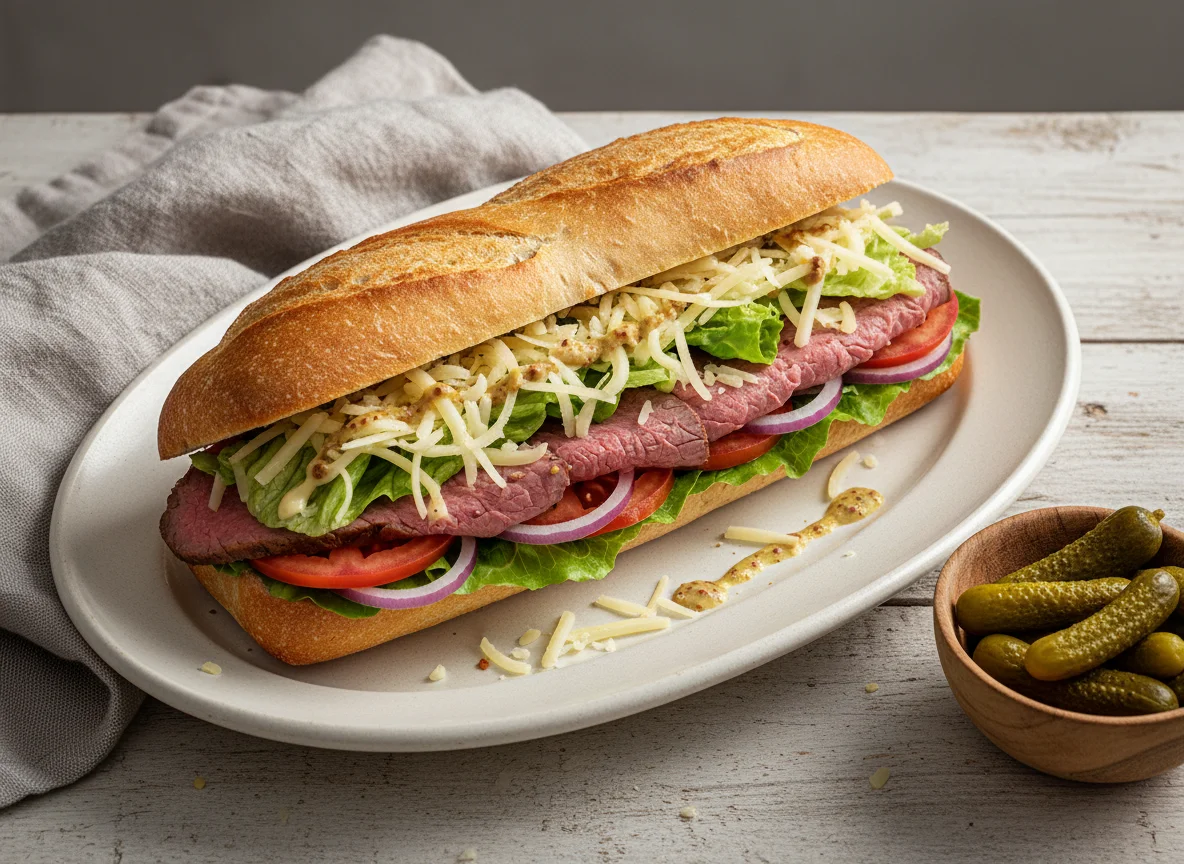 Baguette-Sandwich mit Fleisch und Gemüse photo