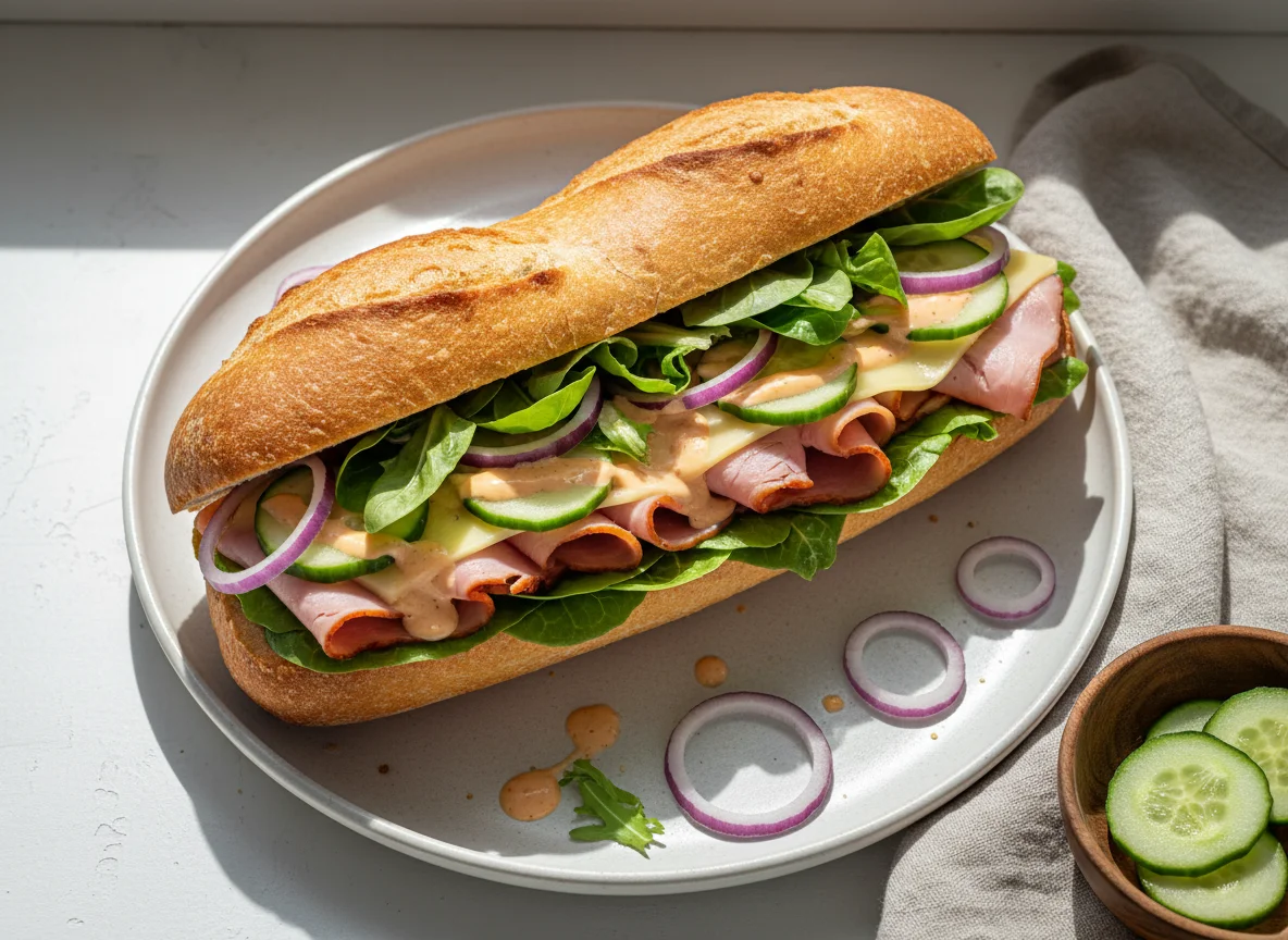 Baguette-Sandwich mit Fleisch und Zwiebeln photo