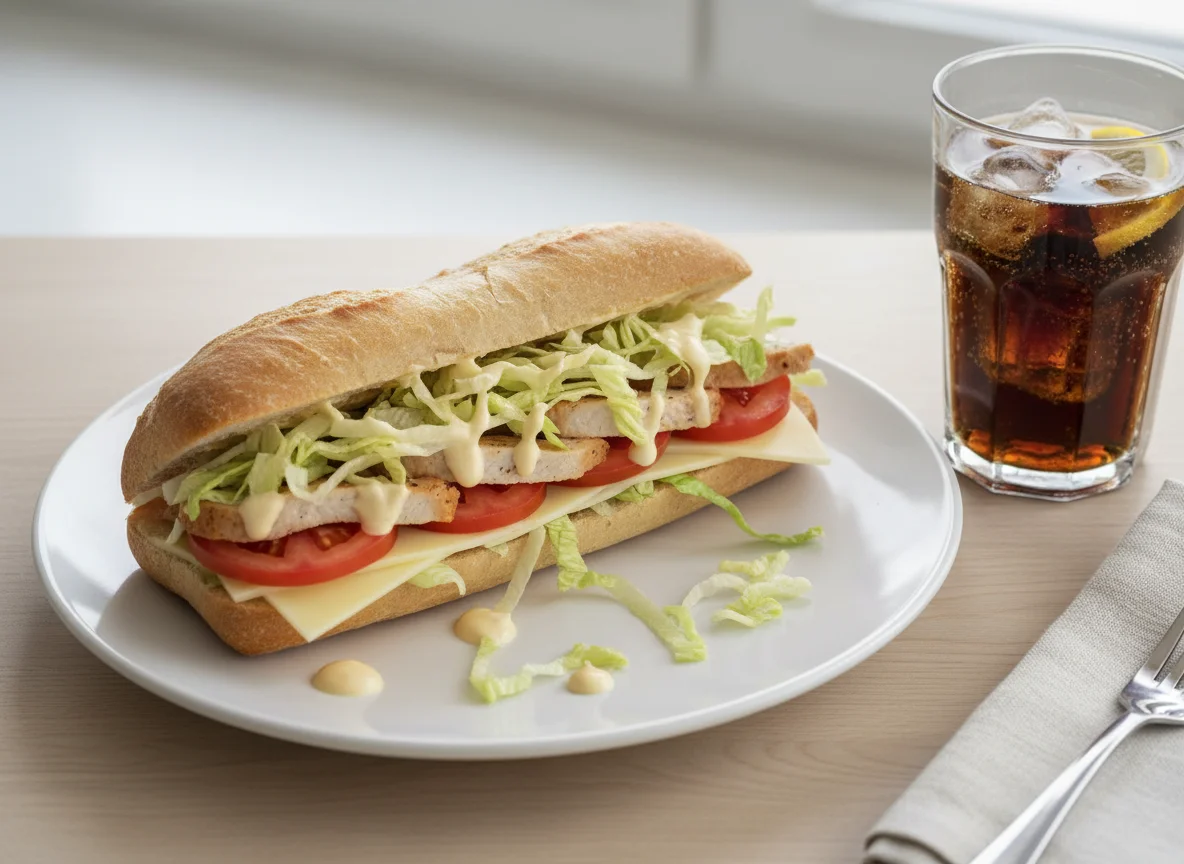 Baguette-Sandwich mit Hähnchen und Salat photo
