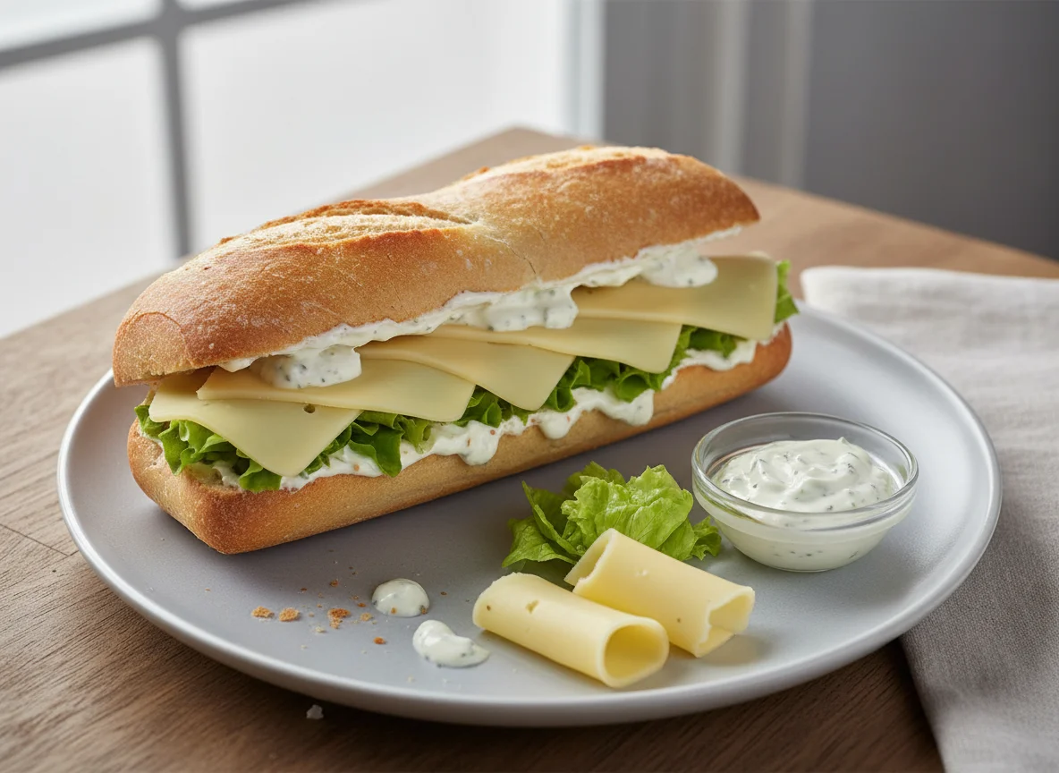 Baguette-Sandwich mit Käse und Salat photo