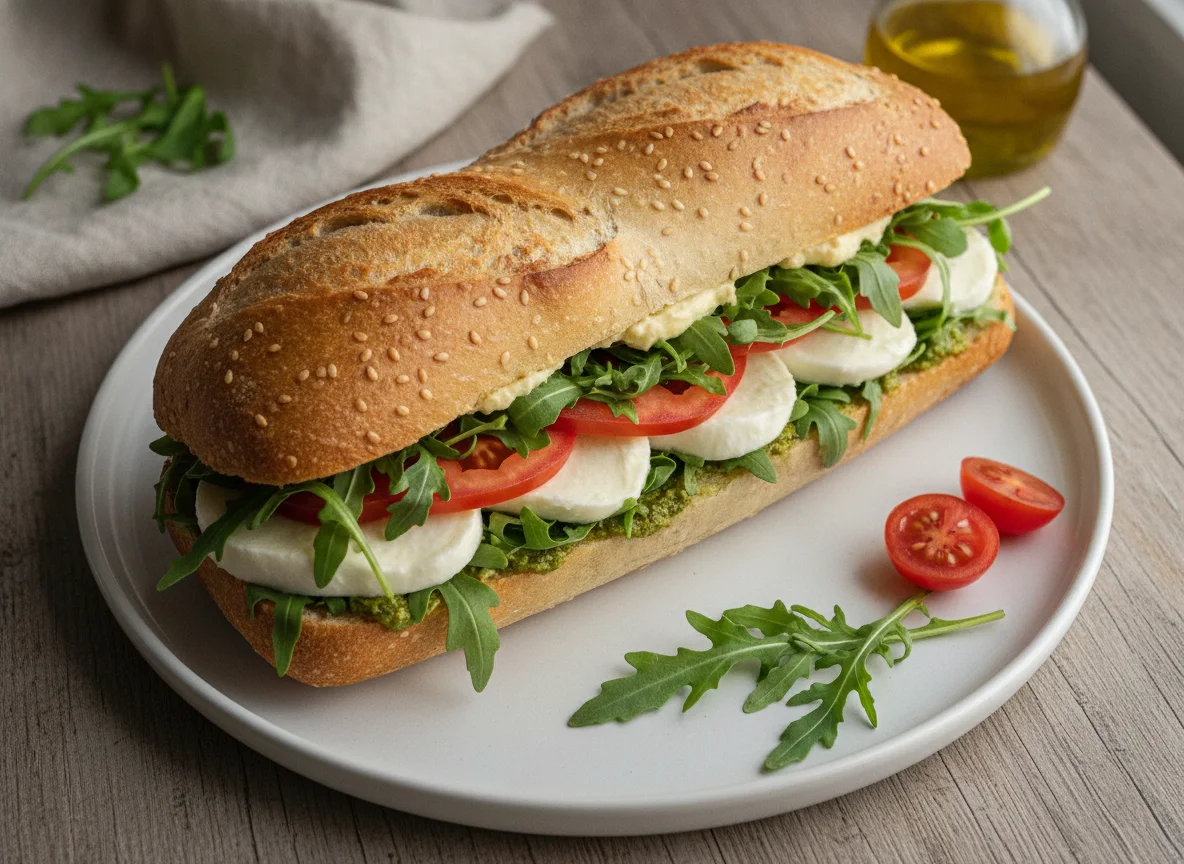 Baguette-Sandwich mit Mozzarella und Tomate photo