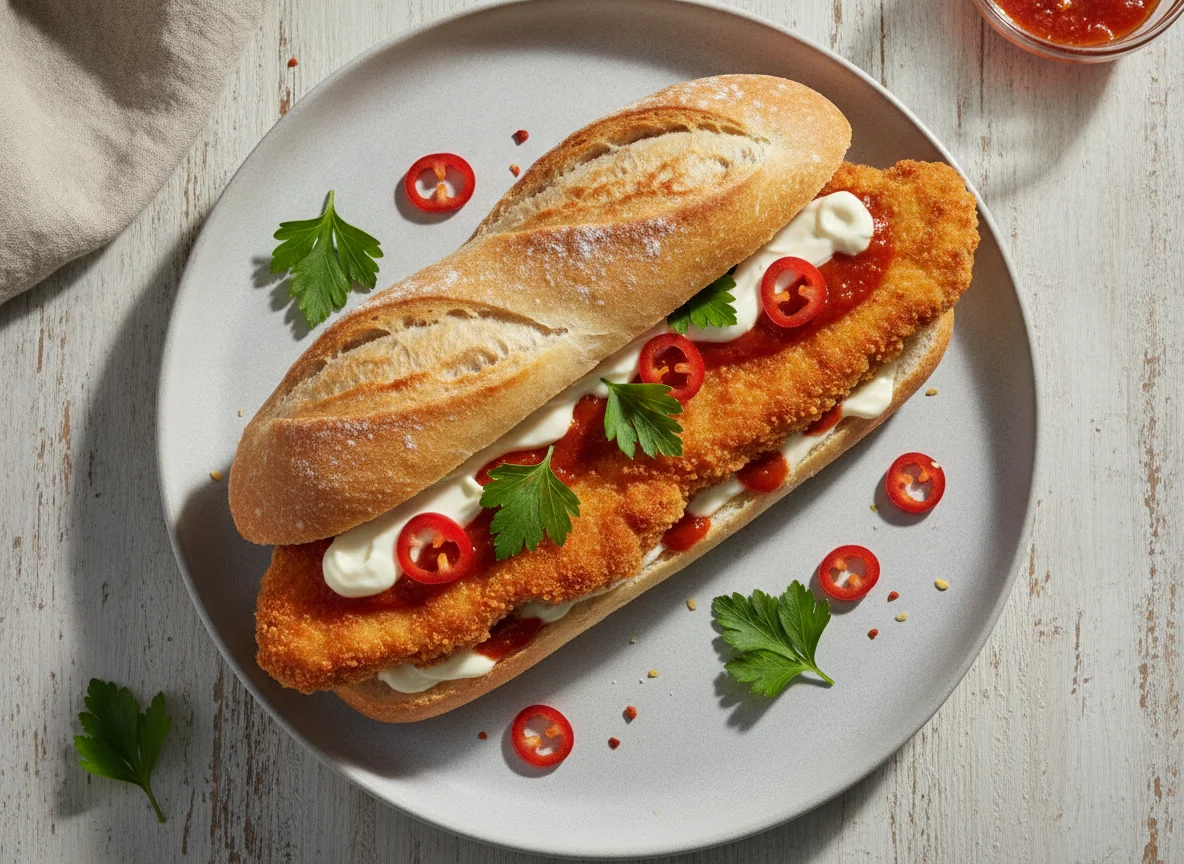 Baguette-Sandwich mit paniertem Hähnchen photo