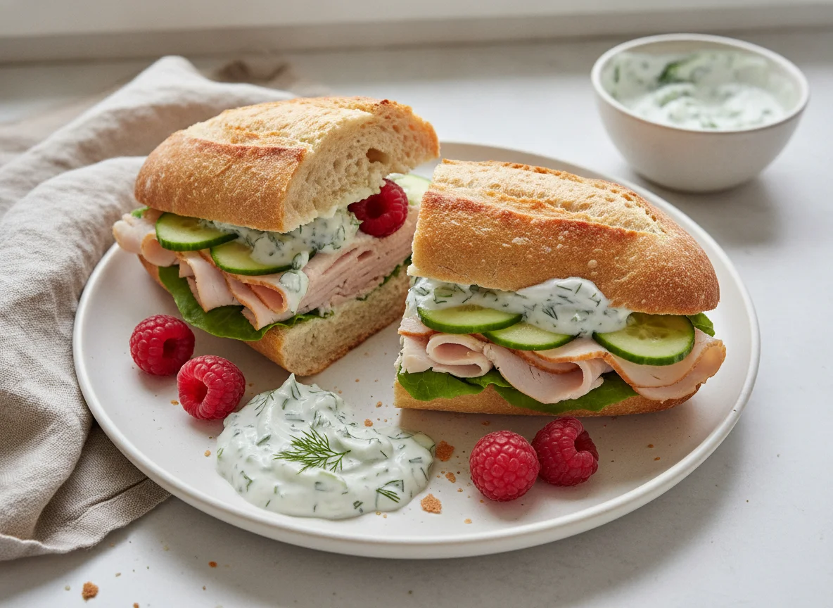 Baguette-Sandwich mit Putenbrust, Tzatziki und Himbeeren photo