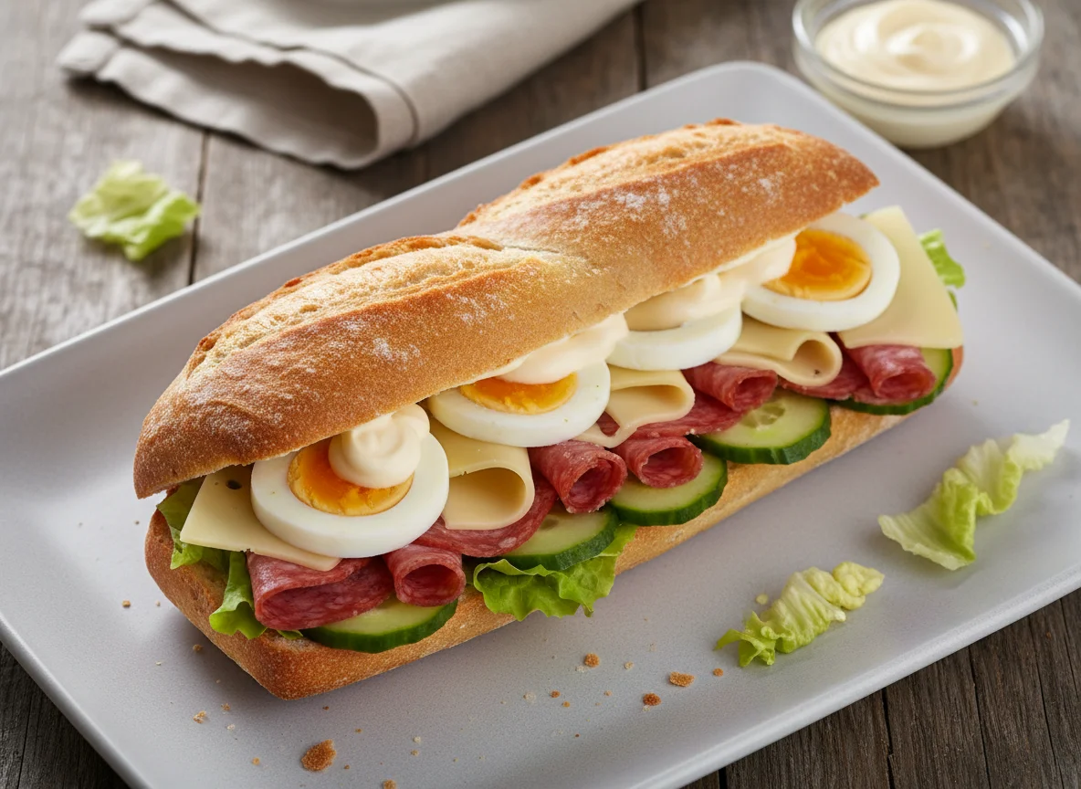 Baguette-Sandwich mit Salami, Käse und Ei photo