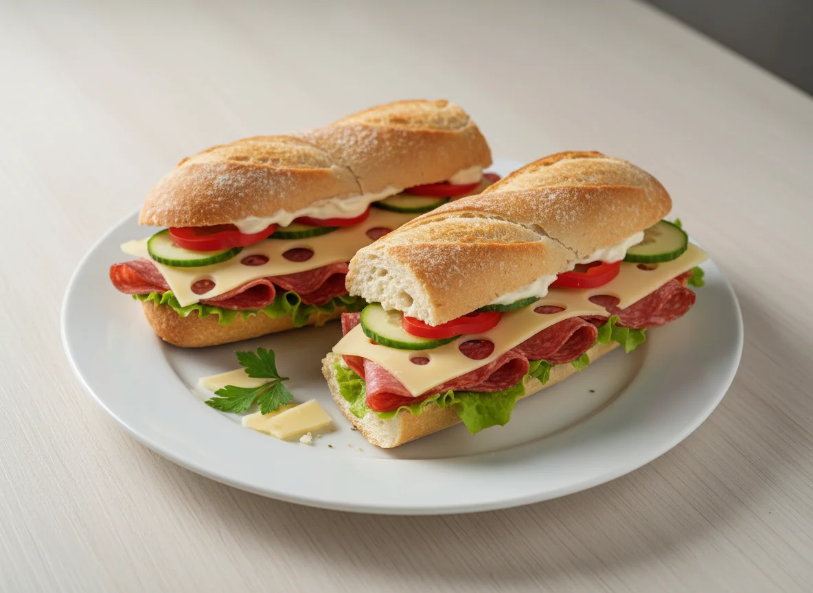 Baguette-Sandwich mit Salami und Käse photo