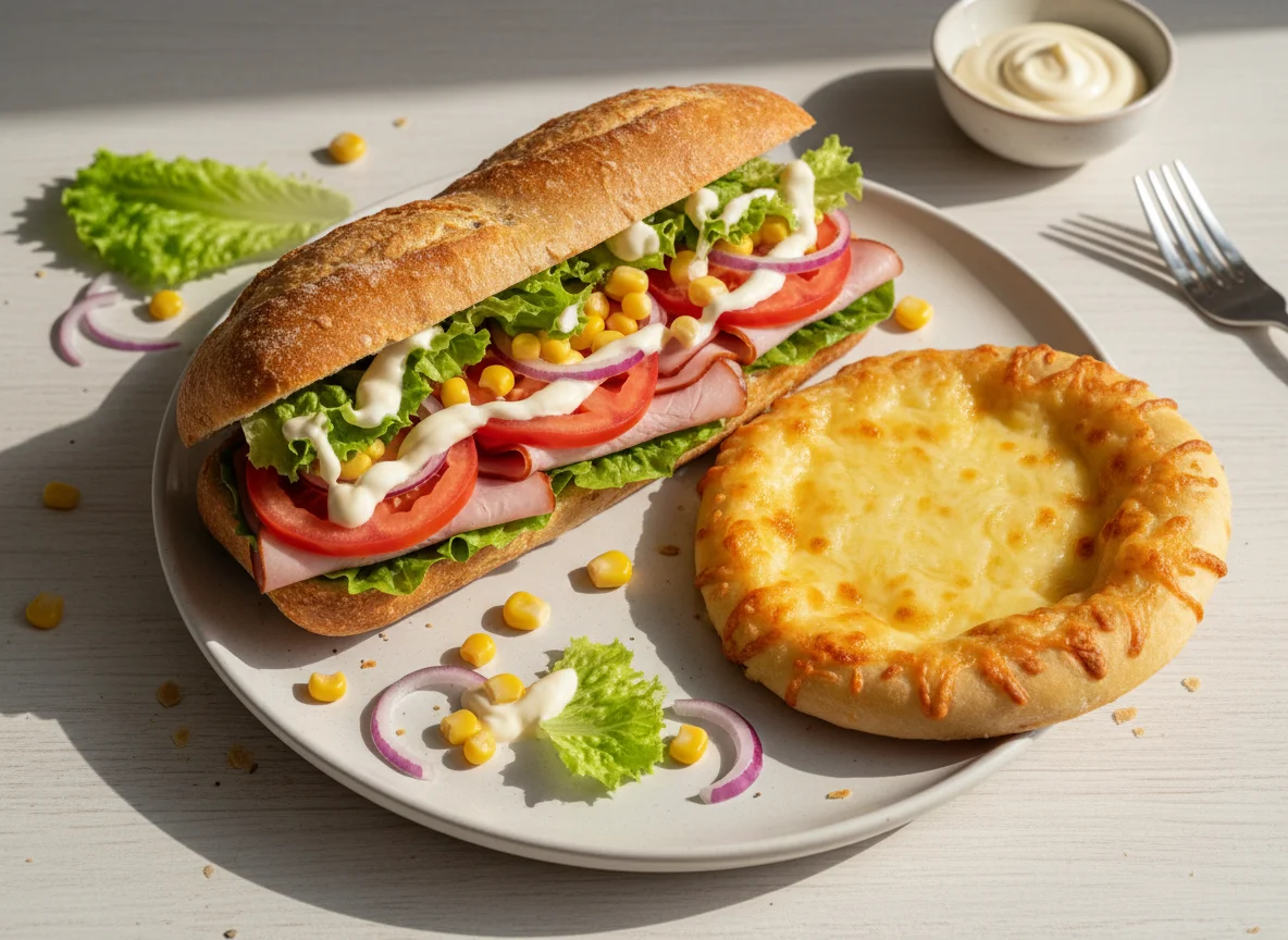 Baguette-Sandwich mit Salat und Käsegebäck photo