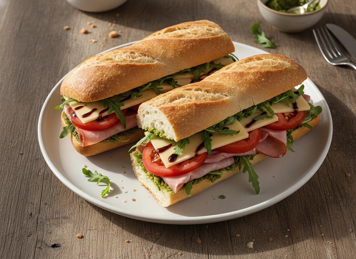 Baguette-Sandwich mit Schinken, Käse und Tomaten photo