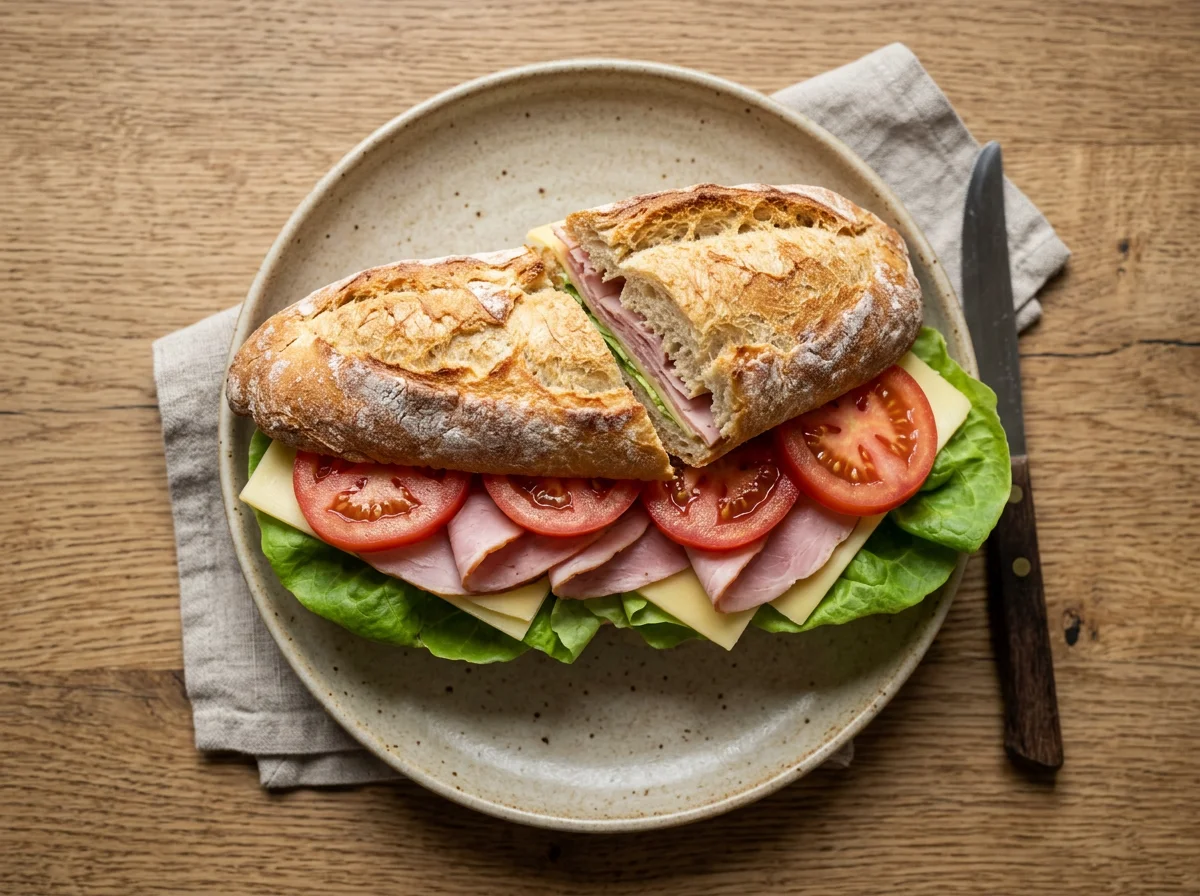 Baguette-Sandwich mit Schinken und Käse photo