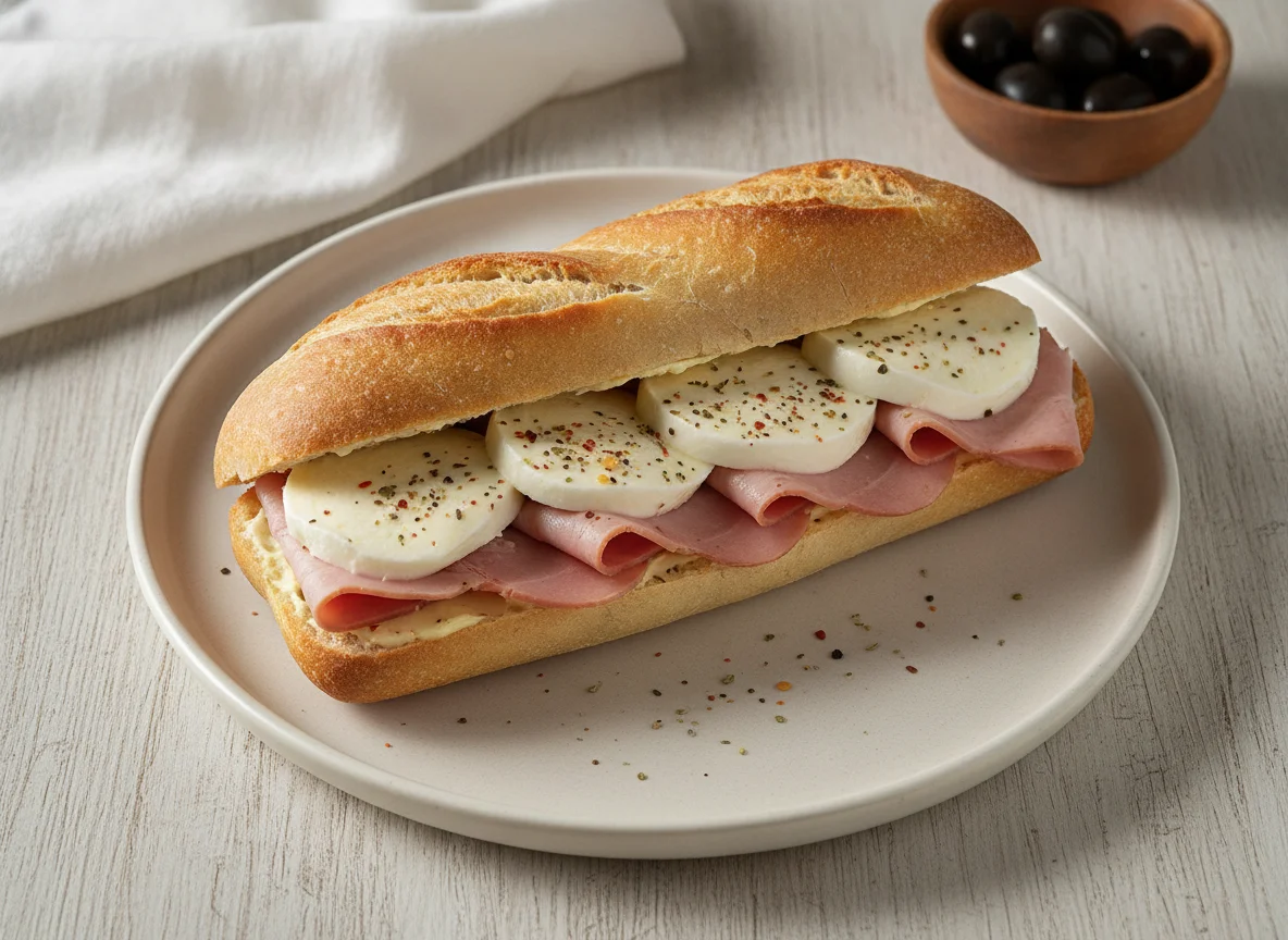 Baguette-Sandwich mit Schinken und Mozzarella photo