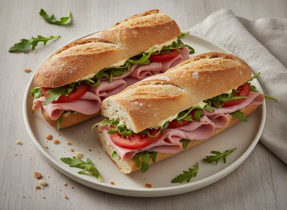 Baguette-Sandwich mit Schinken und Rucola photo