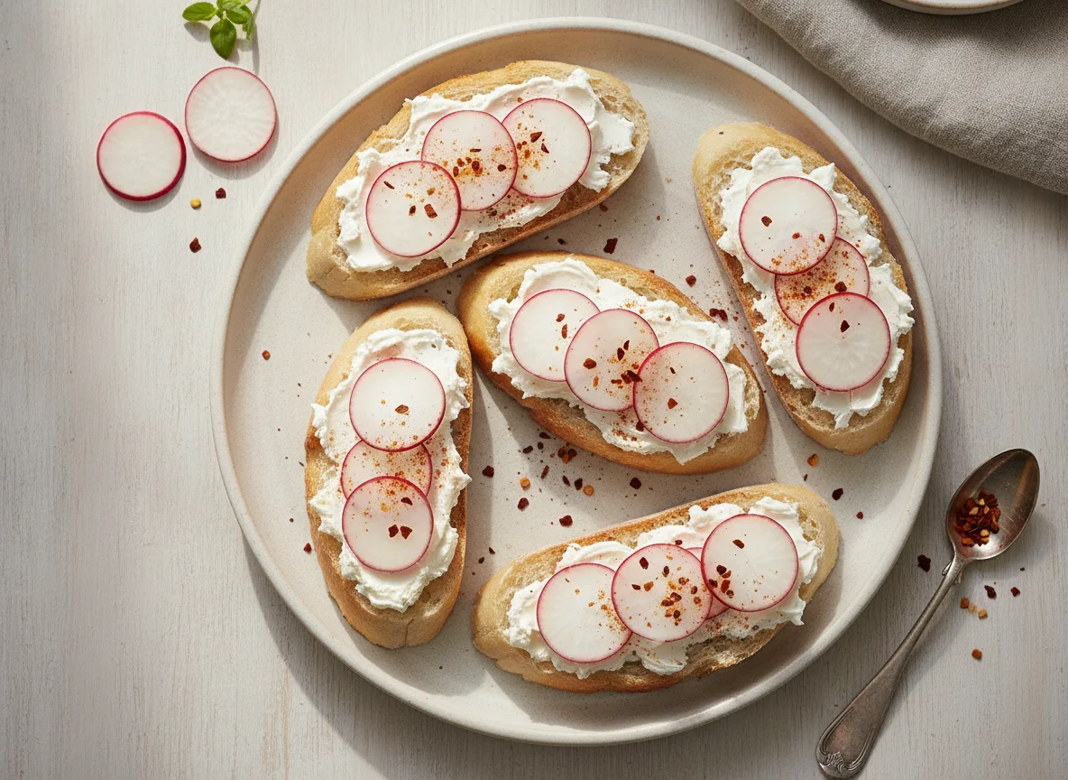 Baguette-Scheiben mit Frischkäse und Rettich photo